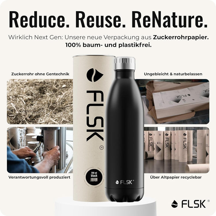 FLSK Edelstahl Next Gen Essentials Trinkflasche (500 ml, 750 ml, 1000 ml) - widerstandsfähig, kohlen