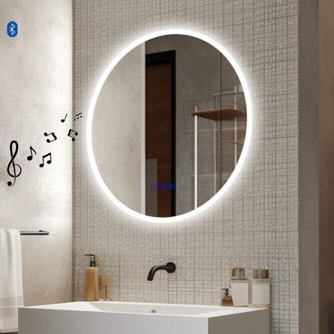 Finmrys Badspiegel mit Beleuchtung Rund 60 cm mit Bluetooth-Lautsprecher und Touch-Schalter Beschlag