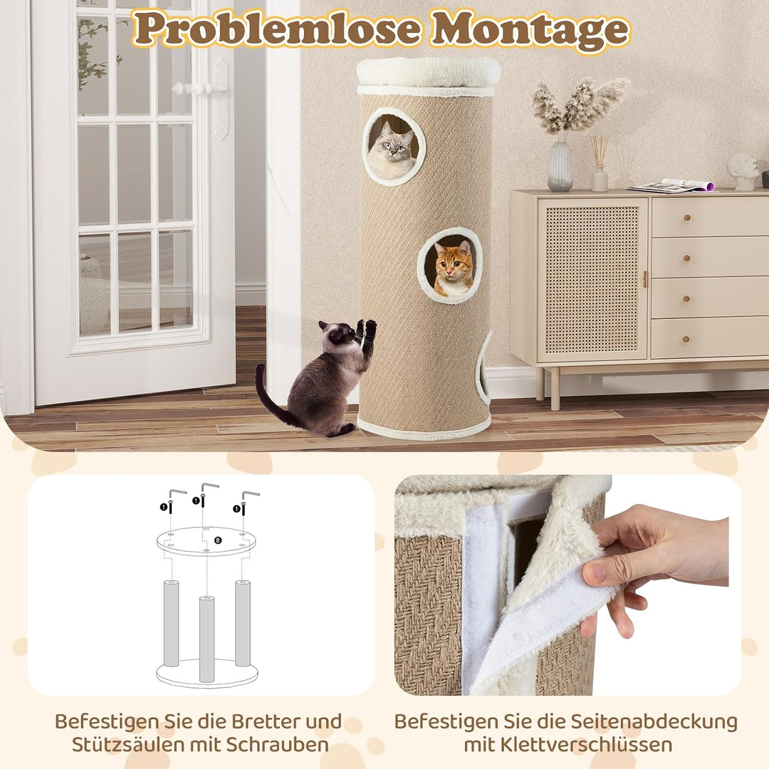 GYMAX Kratztonne Ø 40 cm, Höhe 103 cm, 3-stöckige Katzentonne mit gepolsterter Aussichtsplattform, 2