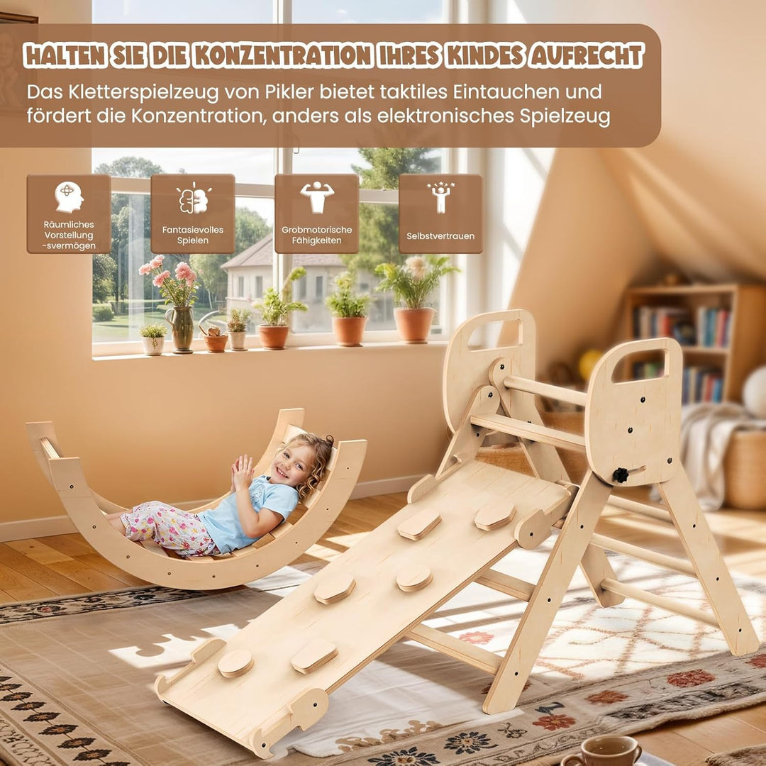 7-in-1 Montessori Klettergerüst Indoor Set, Verformbares Kletterdreieck mit Rutsche und Kletterbogen