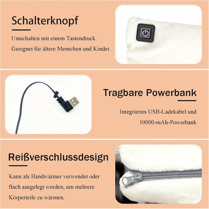 Handwärmer Elektrisch, Beheizbare Handschuhe mit 10000mAh Akku, Taschenwärmer wiederverwendbar 3 Hei