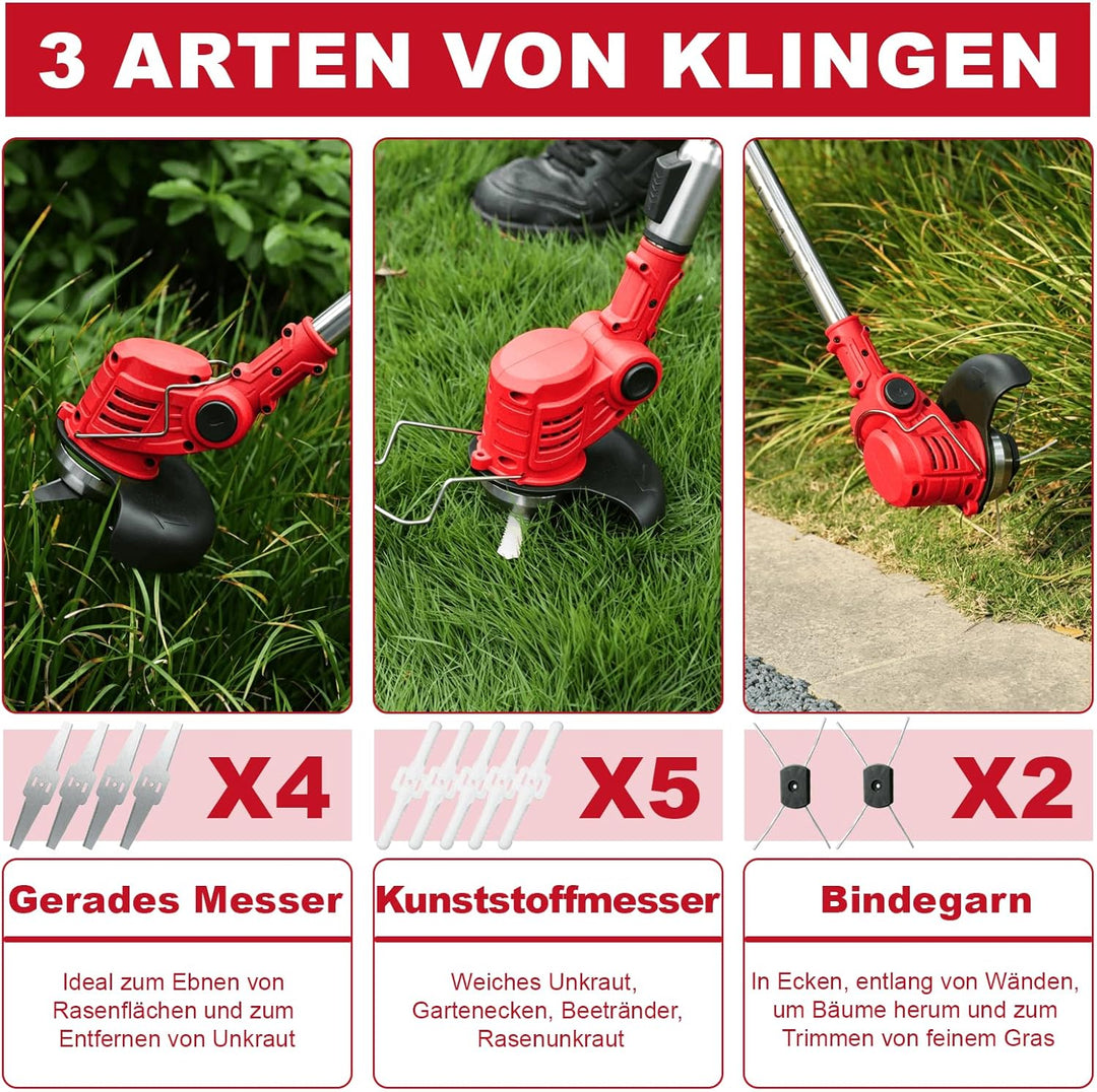 Akku Rasentrimmer mit Akku mit 3 Akkus und 3 Klingentypens
