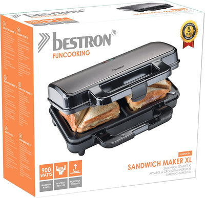 Bestron XL Sandwichmaker, Antihaftbeschichteter Sandwich-Toaster für 2 Sandwiches, 900 Watt, Farbe: