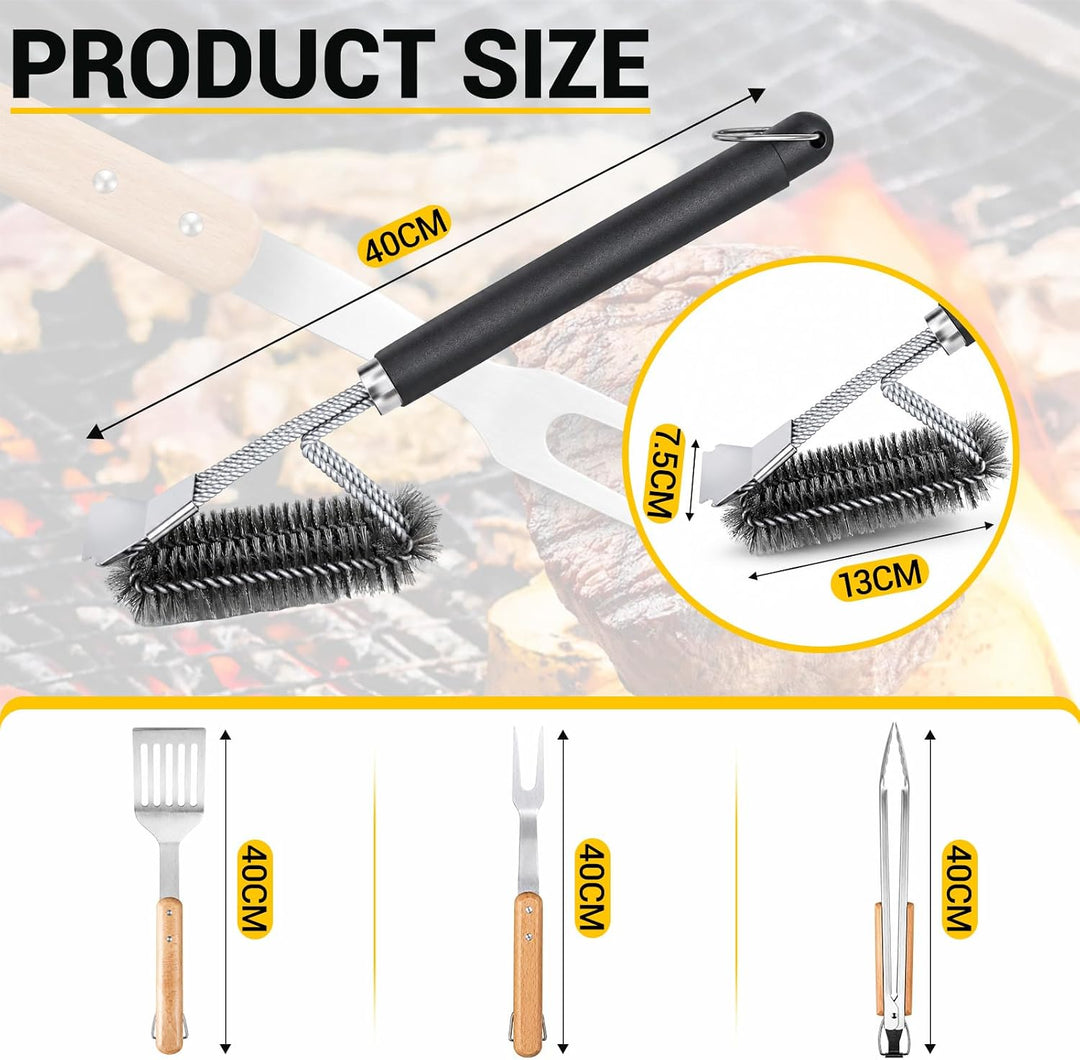 Grillbesteck Set 4-teilig Edelstahl Holzgriff Zange Wender Gabel Bürste | Grillbesteck mit Akazienho