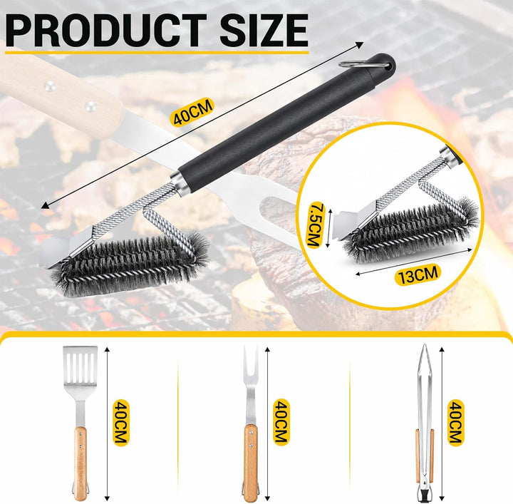 Grillbesteck Set 4-teilig Edelstahl Holzgriff Zange Wender Gabel Bürste | Grillbesteck mit Akazienho