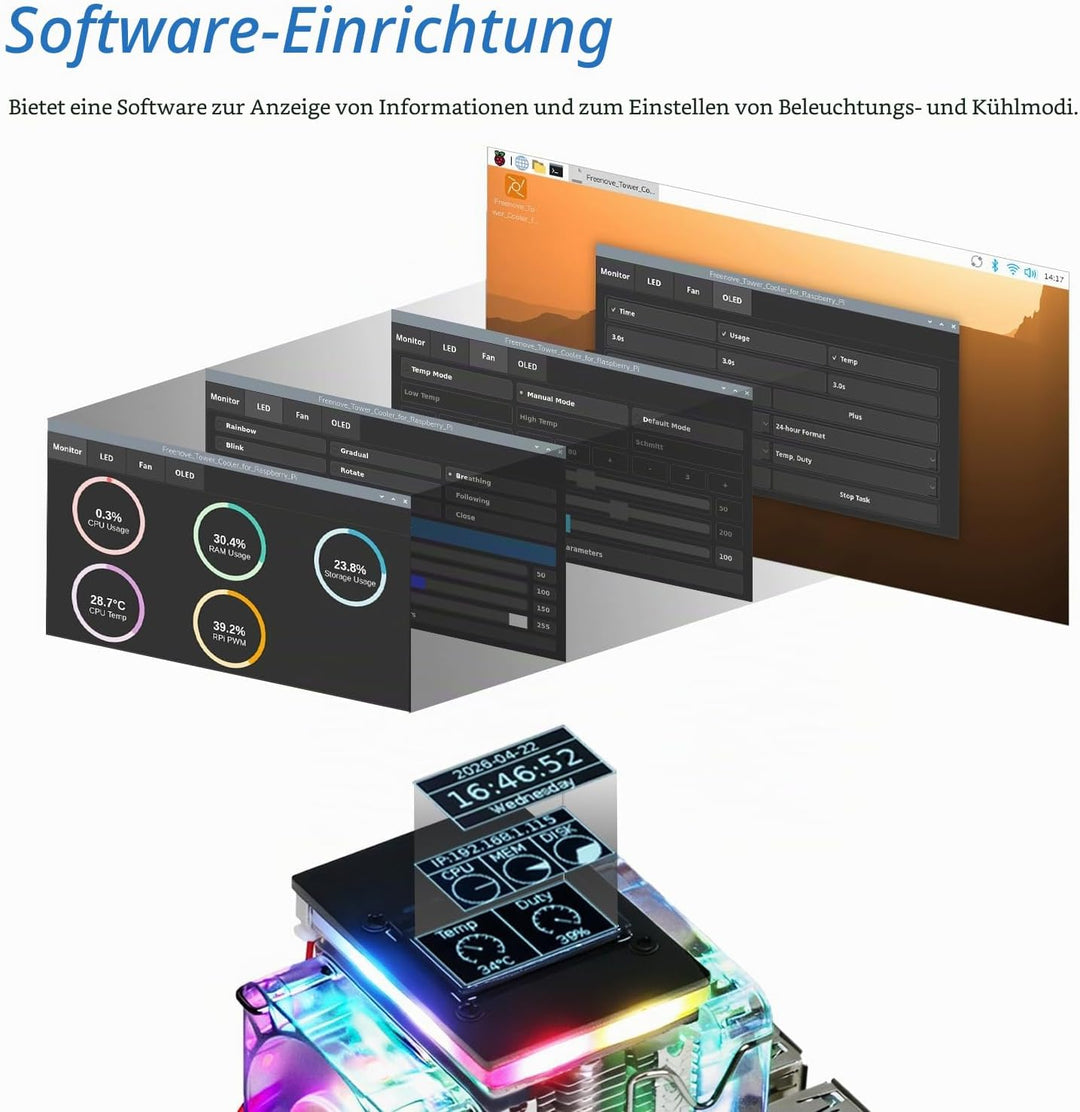 Freenove Active Cooler for Raspberry Pi 5 with 2 Fans and OLED Screen, Aluminum Heatsink with Heat P