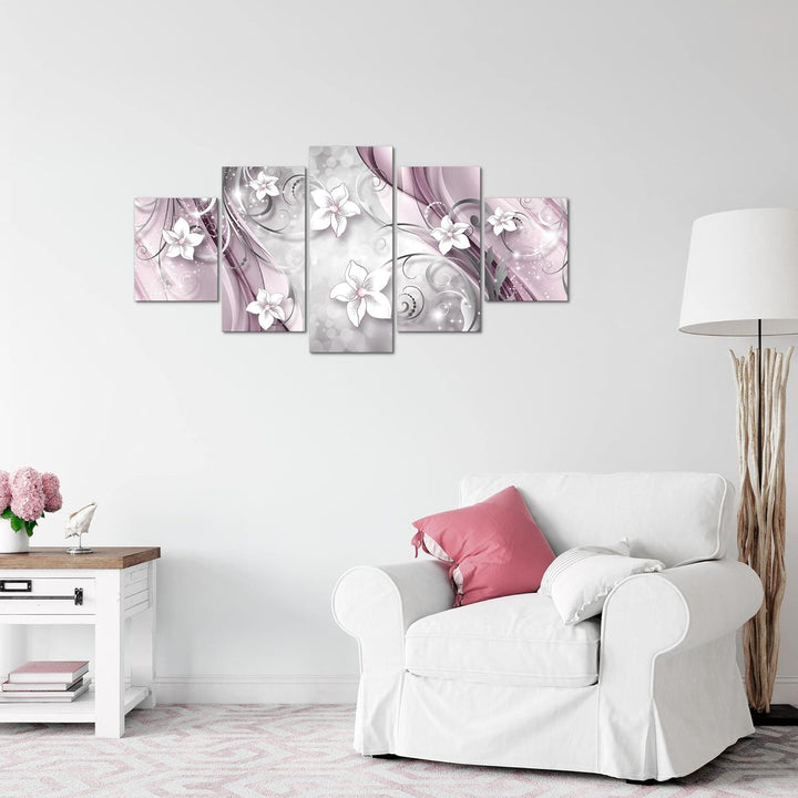 Runa Art Wandbilder Abstrakt Blumen 5 Teilig Bild auf Vlies Leinwand Deko Wohnzimmer Vintage Grau Li