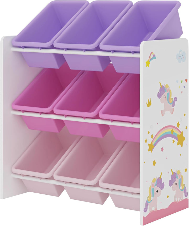[en.casa] Kinderregal Muxía mit 9 Aufbewahrungsboxen Spielzeugregal mit Einhorn-Motiv Spielregal Wei