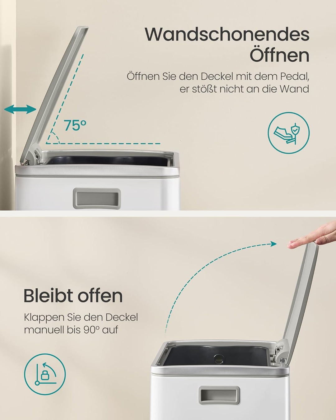 SONGMICS Mülleimer 50 L, 15 Müllsäcke, Stahl, herausnehmbarer Inneneimer aus Kunststoff, mit Deckel,