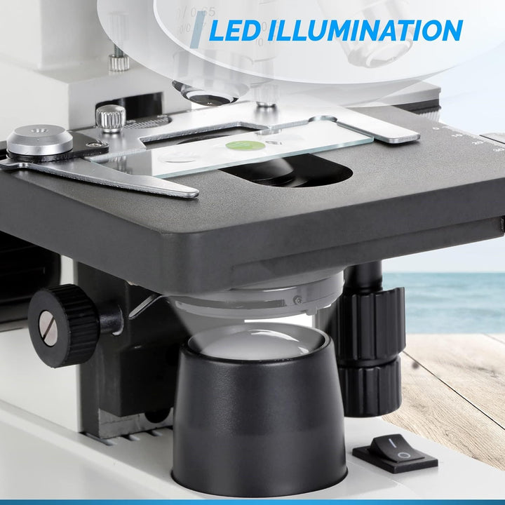 OMAX - 40X-2000X LED-Fernglasmikroskop mit doppelschichtiger mechanischer Bühne + blanko Folien, Abd