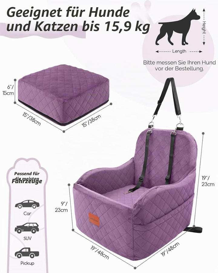 Hunde-Autositz für kleine/mittelgrosse Hunde, weicher tragbarer Welpensitz mit erhöhtem Kissen, voll