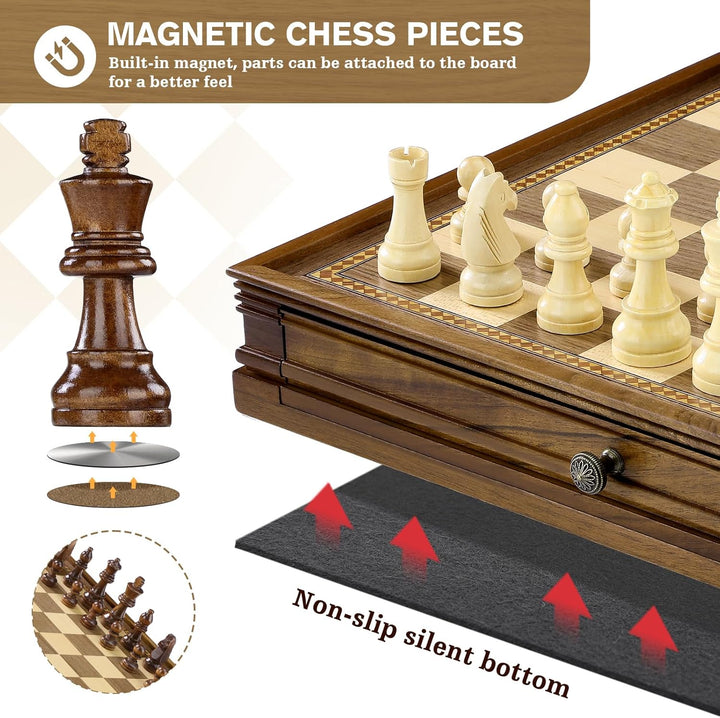 Peradix Schach Dame Spiel 2 in 1 Magnetisch Schachspiel aus Walnussholz Holz, 32x32 cm Schachbrett m