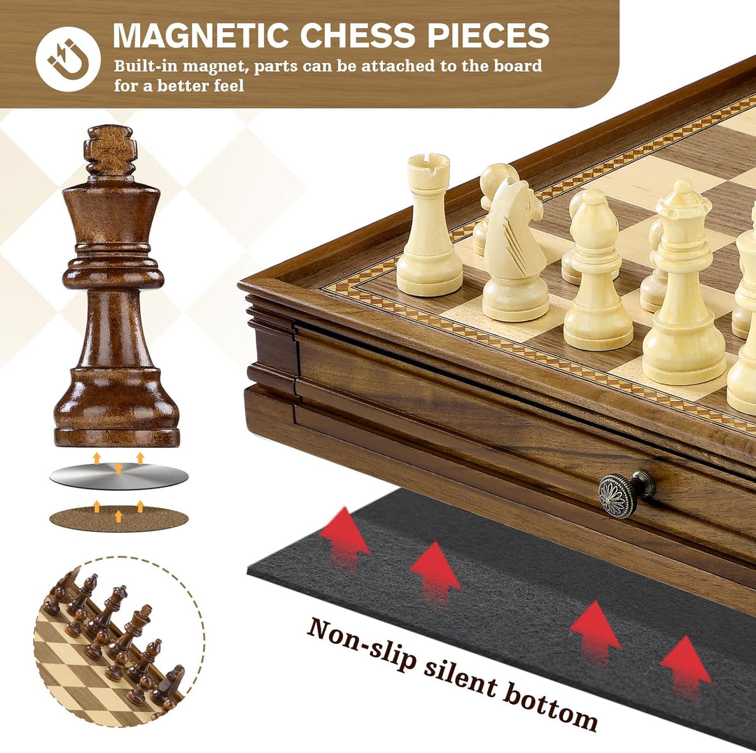 Peradix 38CM/15IN Magnetisch Schachspiel mit Dame aus Holz, 2 in 1 Schachbrett mit Lagerschublade un