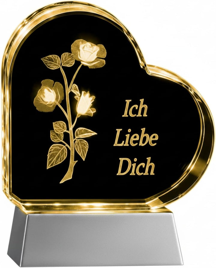 Kaltner Präsente Geschenkidee – Herz aus Glas: Kristallglas mit 3D-Laser-Gravur Rose - Ich Liebe Dic