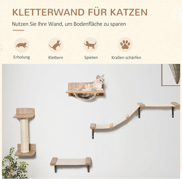 PawHut Kletterwand Katzen, 4-teilig Katzenkletterwand Set Katzen Wandelemente mit Kratzbaum Hängemat