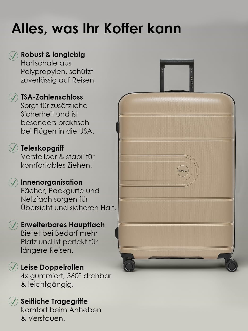 REDOLZ Hartschalen Koffer-Set 3-teilig | alle Koffer 6 cm Dehnfalte | aus hochwertigem, leichtem Pol