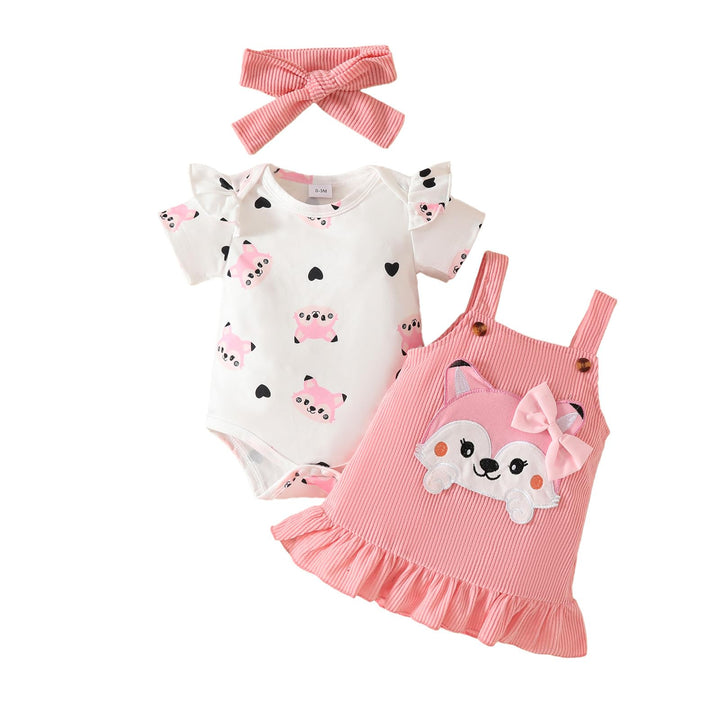 Baby Outfits für Mädchen mit Herz Print kurzärmelig Strampler Hosenträgerrock Bären Kleid Schleife S