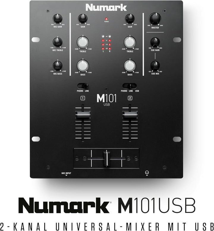 Numark M101USB - 2-Kanal DJ-Mixer, Rack-montierbar mit 2-Band EQ, integriertem Audio Interface, Mikr