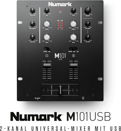 Numark M101USB - 2-Kanal DJ-Mixer, Rack-montierbar mit 2-Band EQ, integriertem Audio Interface, Mikr