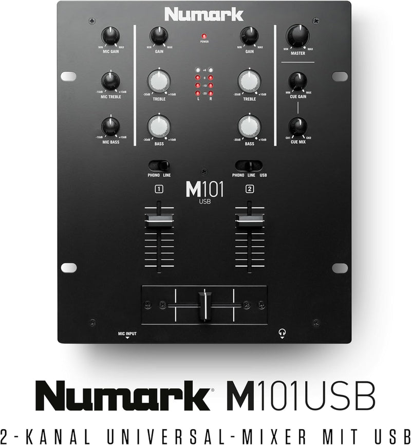 Numark M101USB - 2-Kanal DJ-Mixer, Rack-montierbar mit 2-Band EQ, integriertem Audio Interface, Mikr