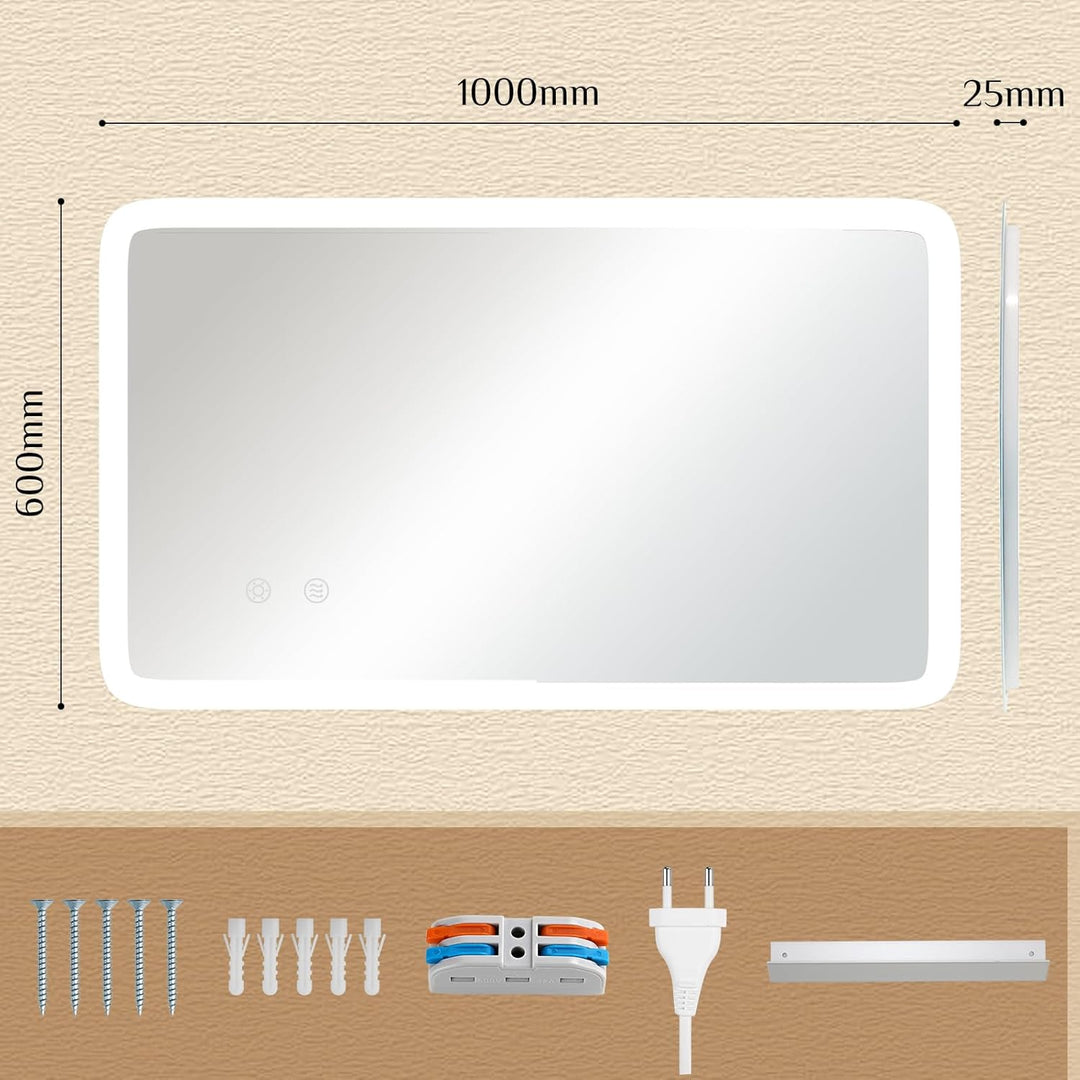 Clevich Badspiegel mit Beleuchtung 100×60 cm, LED Spiegel mit 3 Lichtfarben dimmbar, gehärtetes Glas