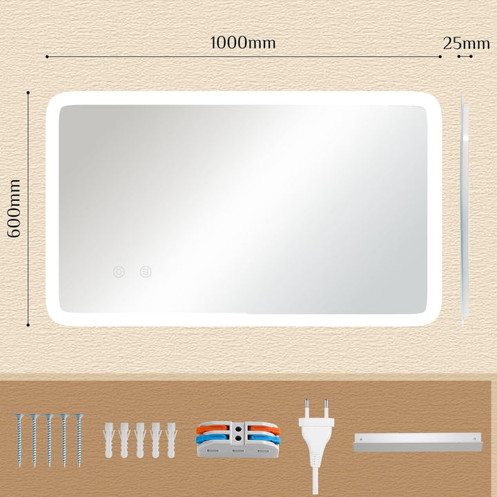 Clevich Badspiegel mit Beleuchtung 100×60 cm, LED Spiegel mit 3 Lichtfarben dimmbar, gehärtetes Glas