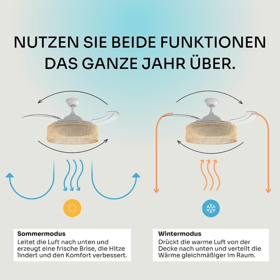 Mellerware - Deckenventilator mit Licht und Lampe Brizy Bright Rattan Sand | 3 Flügel | 106 cm Durch