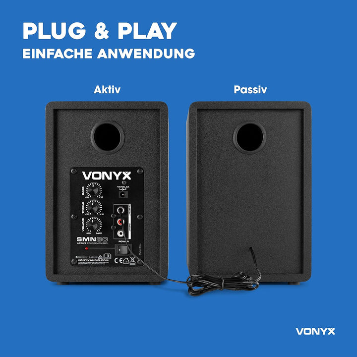 Vonyx SMN30B - Studio Monitor, Aktiv Lautsprecher Set, 60 Watt, 3 Zoll Studiolautsprecher Set, DJ Mo