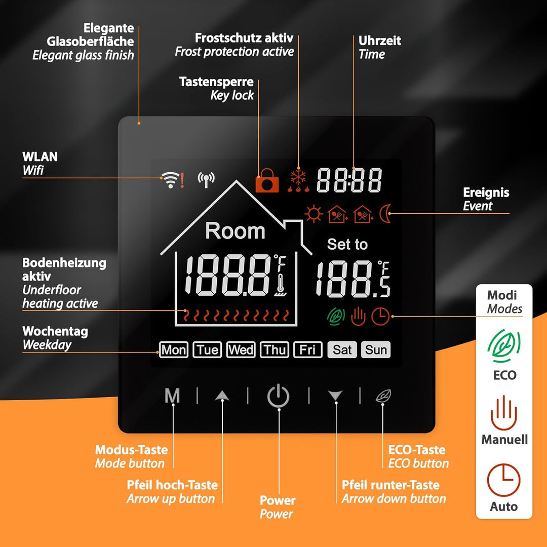 Mi-Heat M2 digital Thermostat WLAN & Bluetooth schwarz - Fussbodenheizung, Wasser und Elektro Fussbo