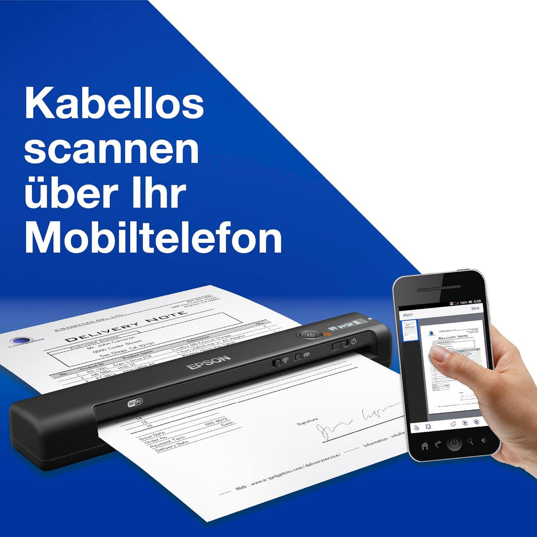 Epson WorkForce ES-60W mobiler Dokumentenscanner (Scanner, DIN A4, integrierter Akki, 600dpi, WiFi,