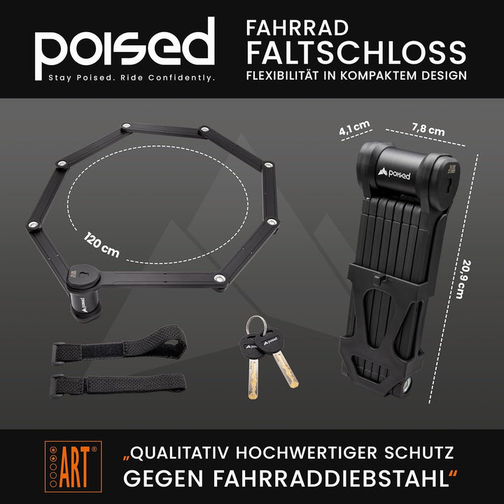 Poised Fahrrad Faltschloss 120 cm mit ART 2 Zertifizierung & Halterung – Hochsicherheits-Fahrradschl