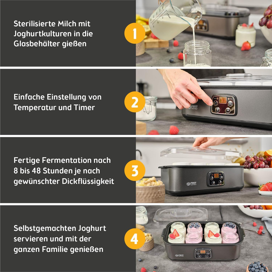 TZS First Austria - Joghurtbereiter 25W inkl. 8 Glasbehälter à 180 ml für bis 1,4L selbstgemachten J
