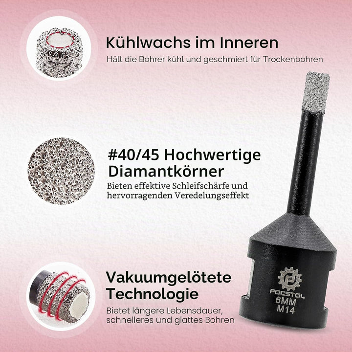 FOCSTOL Diamant Fliesenbohrer 5 Stück 6mm Vakuumgelötete Diamant Lochsäge für Porzellan Keramik Flie