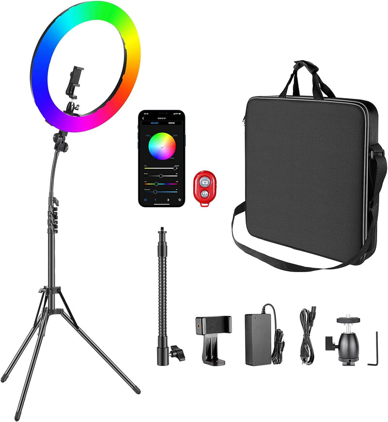 NEEWER Ringlicht RGB18-APP 18Zoll RGB APP Steuerung mit Ständer und Telefonhalter, 42W dimmbar zweif