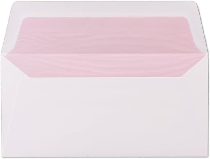 50 Briefumschläge Weiss - DIN Lang - gefüttert mit rosanem Seidenpapier - 22 x 11 cm - Nassklebung,