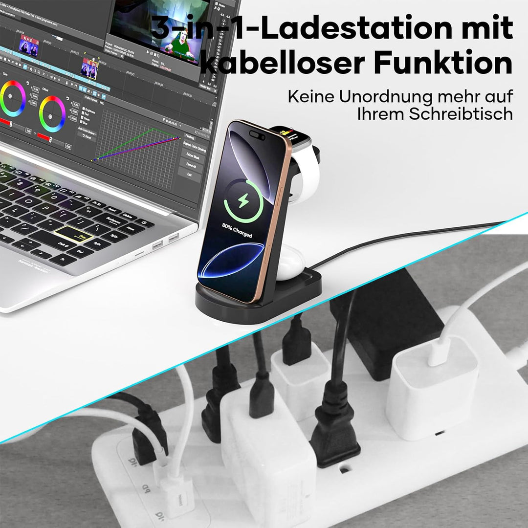 Kabellose Ladestation,3 in 1 Ladestation Kabelloses Ladegerät(Mit 18W Adapter) Wireless Charger komp