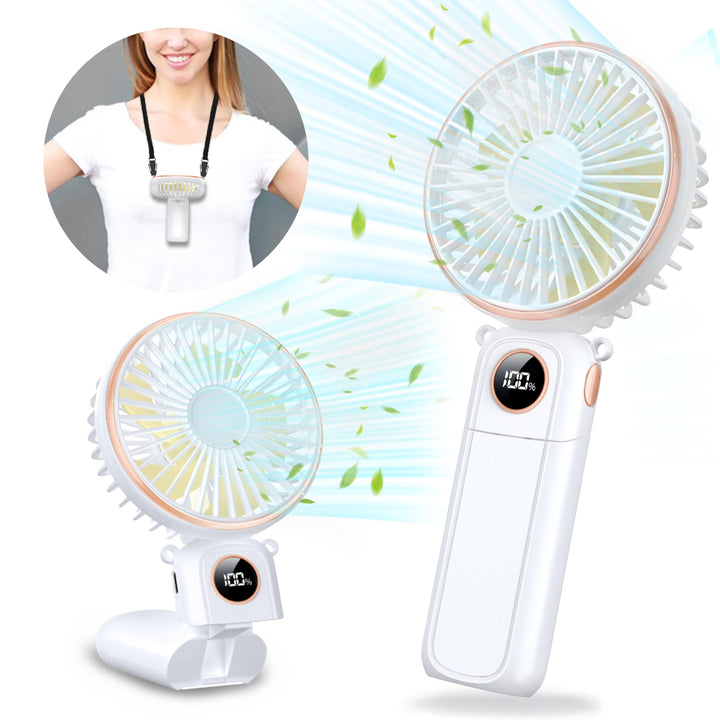Handventilator mit LED-Anzeige, 5200 mAh Akku Aufladbar, Tragbarer Mini Ventilator mit Trageband, 6