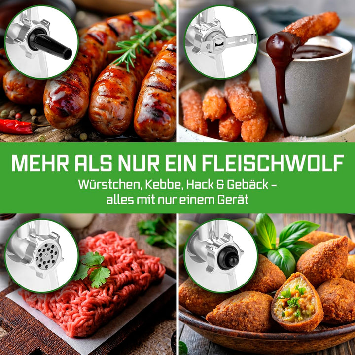 KOCHWERK elektrischer Fleischwolf mit Spritzgebäckvorsatz | verarbeitet bis zu 2000g/min | Hackfleis