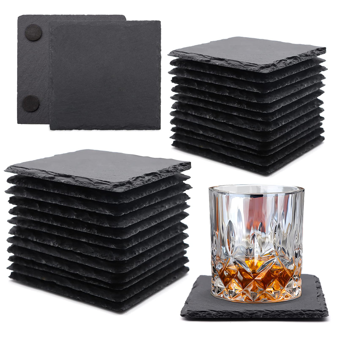 24 Stück quadratische Schiefer-Getränke-Untersetzer, VIBRATITE 10,2 cm, schwarzer Schieferstein-Unte