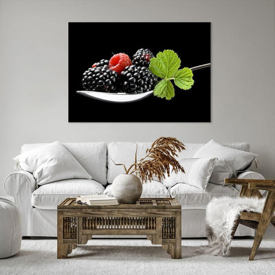 Bilder auf Leinwand 100x70cm Leinwandbild Löffel Himbeere Brombeere Frucht Gross Wanddeko Bild Schla