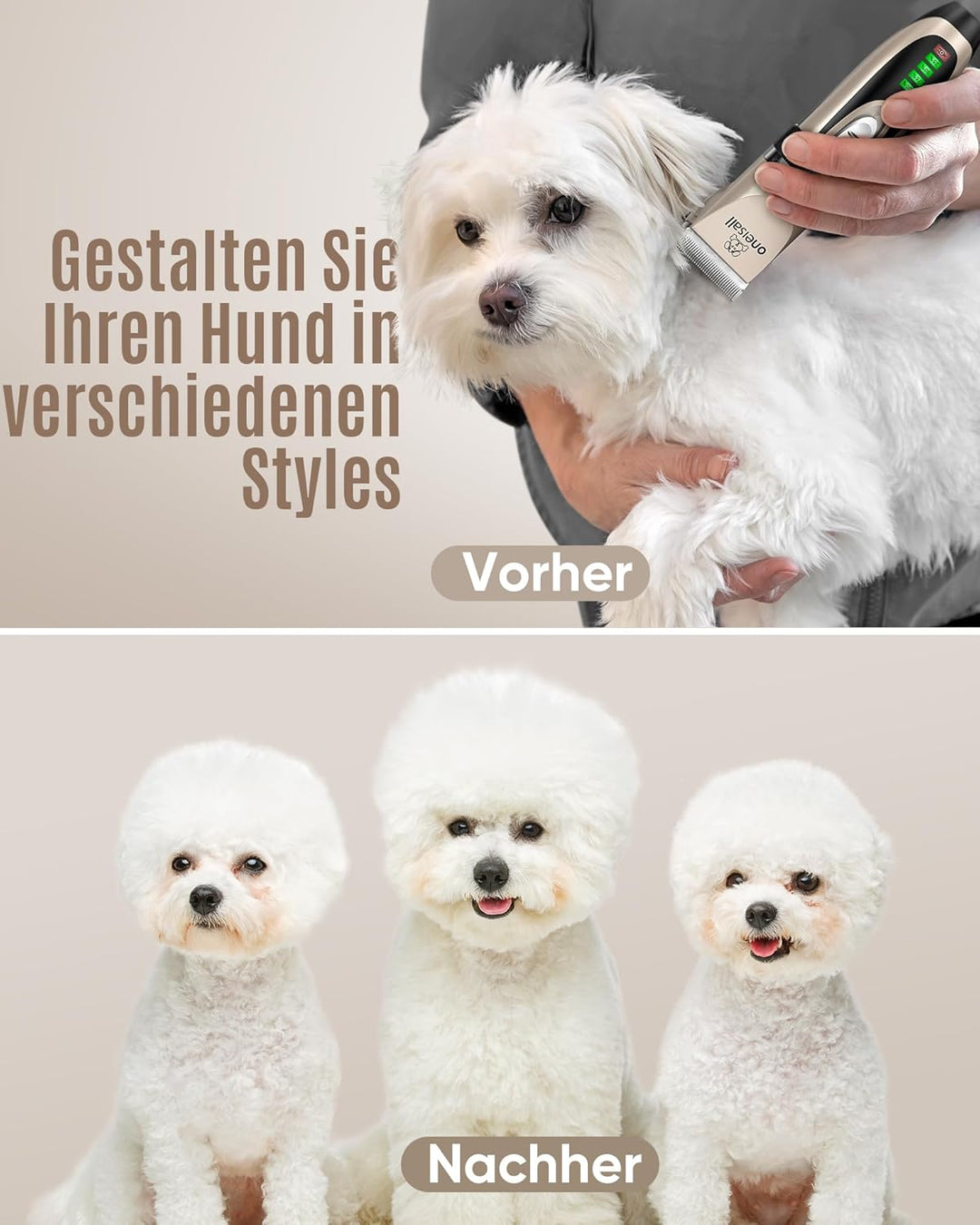 oneisall Bundle: Leise Hundeschermaschine (2000mAh, 4h Laufzeit) + 3-in-1 Profi Schermaschine für Ka