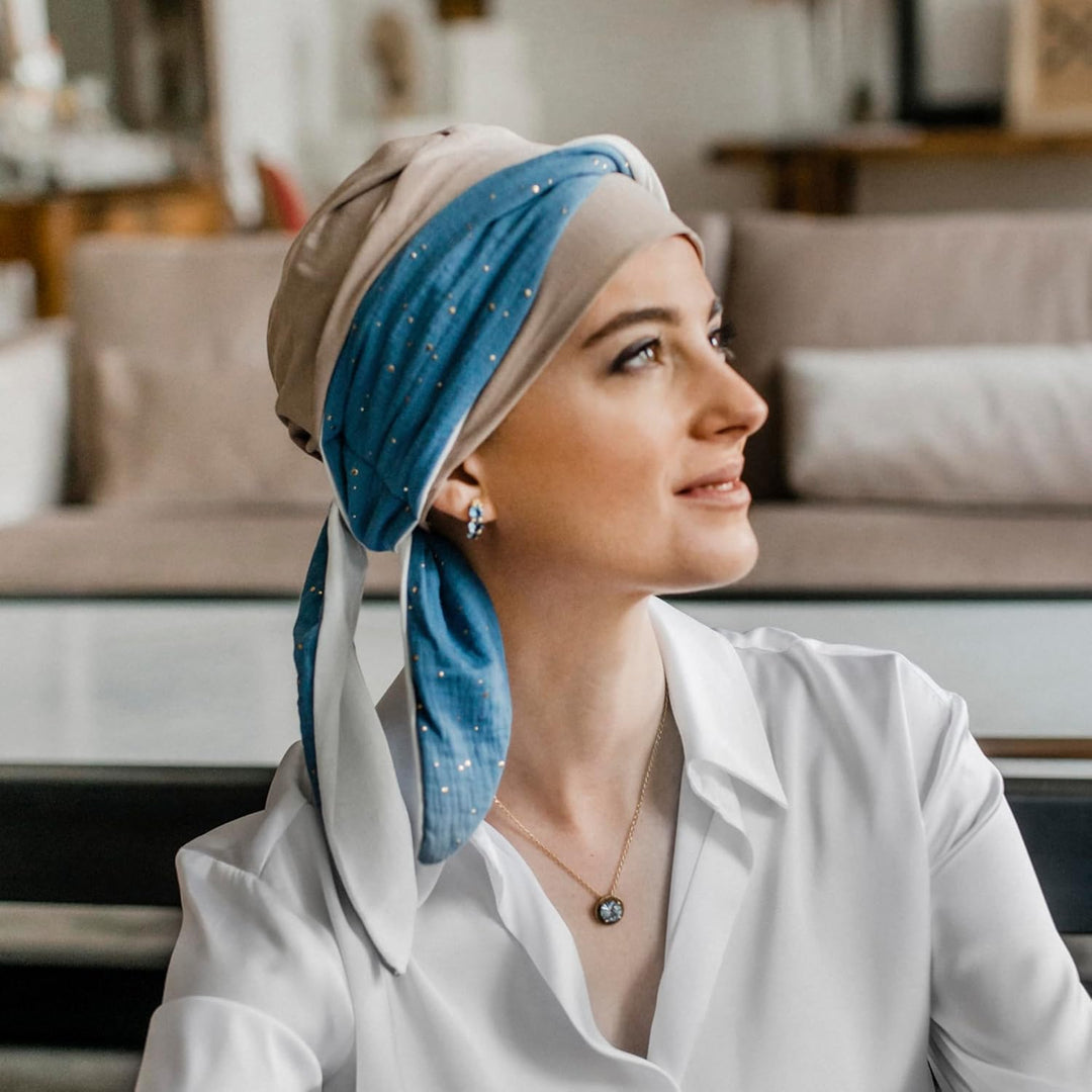 CAREBELL Smooth Blue Gold Bambus Haarausfall Headwear, Blau, Creme und Weiss, One size