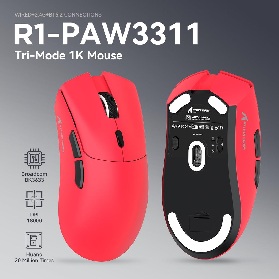 ATTACK SHARK R1 59g Superlight Maus, PixArt PAW3311 Gaming-Sensor, BT/2,4G kabellose/kabelgebundene