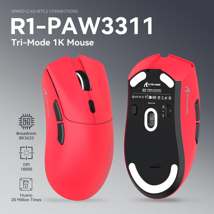 ATTACK SHARK R1 59g Superlight Maus, PixArt PAW3311 Gaming-Sensor, BT/2,4G kabellose/kabelgebundene