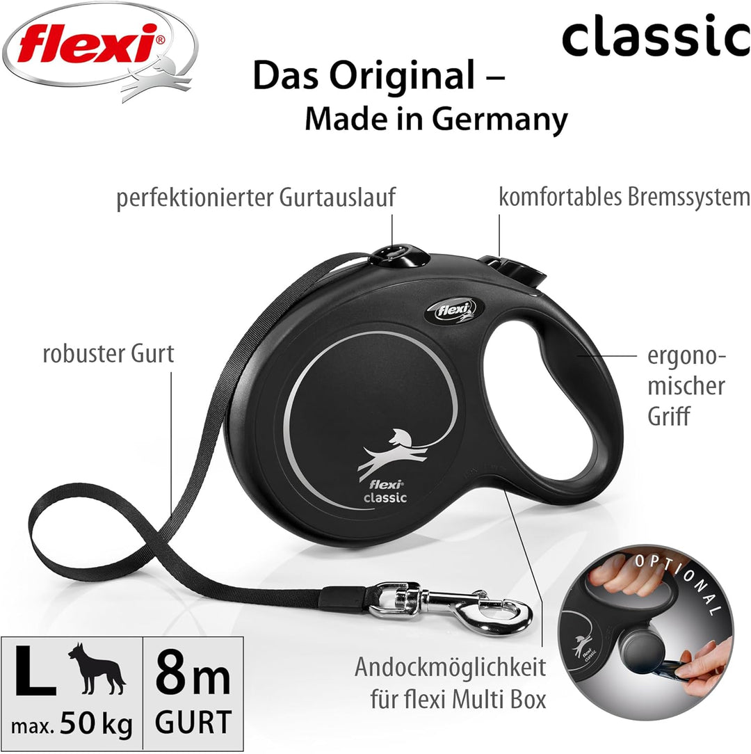 FLEXI - Neue klassische, ausziehbare Leine für Hunde bis 50 kg - Ultrastarker Gurt - 360°-Führungs-