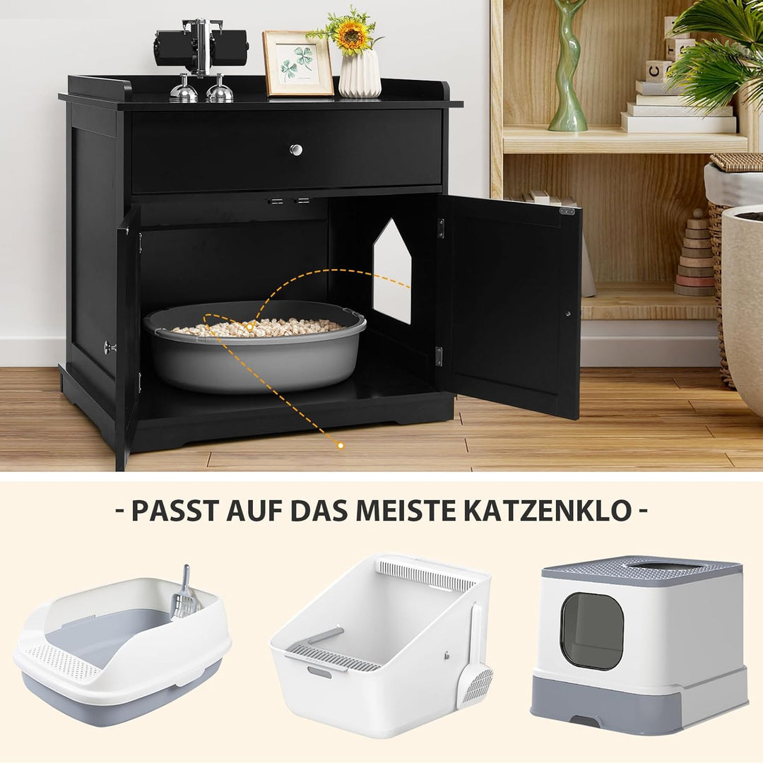 COSTWAY Katzenschrank mit Schublade & Tür & Eingang, 3-in-1 Katzenhaus Katzentoilette Beistelltisch,