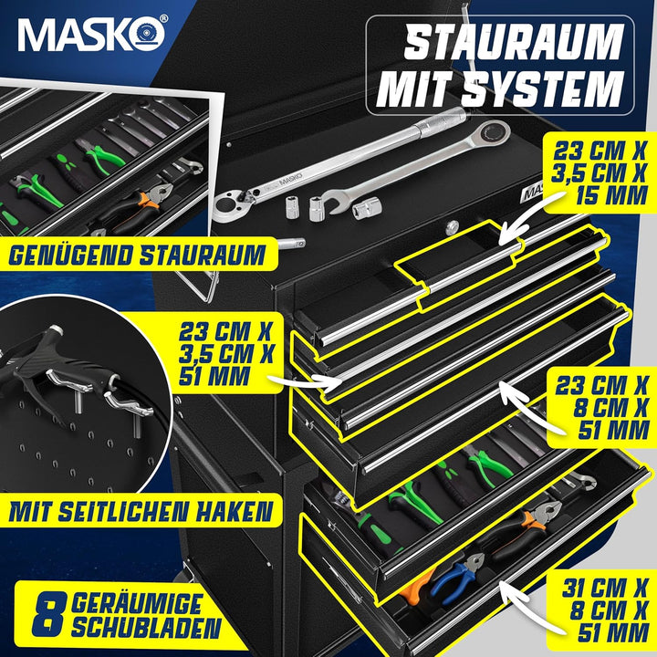 MASKO® Werkstattwagen inkl. Koffer - 9 Fächer Abschliessbar | Massives Metall | Mobiler Werkzeug-Wag