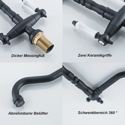 BOAOTX Wasserhahn Küche Schwarz Retro, Küchenarmatur Zweigriffmischer, Spültischarmatur 360° Schwenk