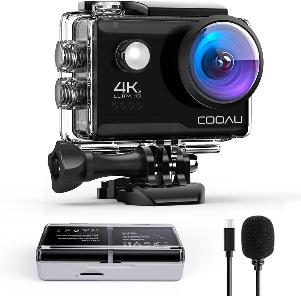 COOAU Action Cam HD 4K 64MP WiFi EIS Stabilisierung mit externem Mikrofon Unterwasserkamera 40M mit