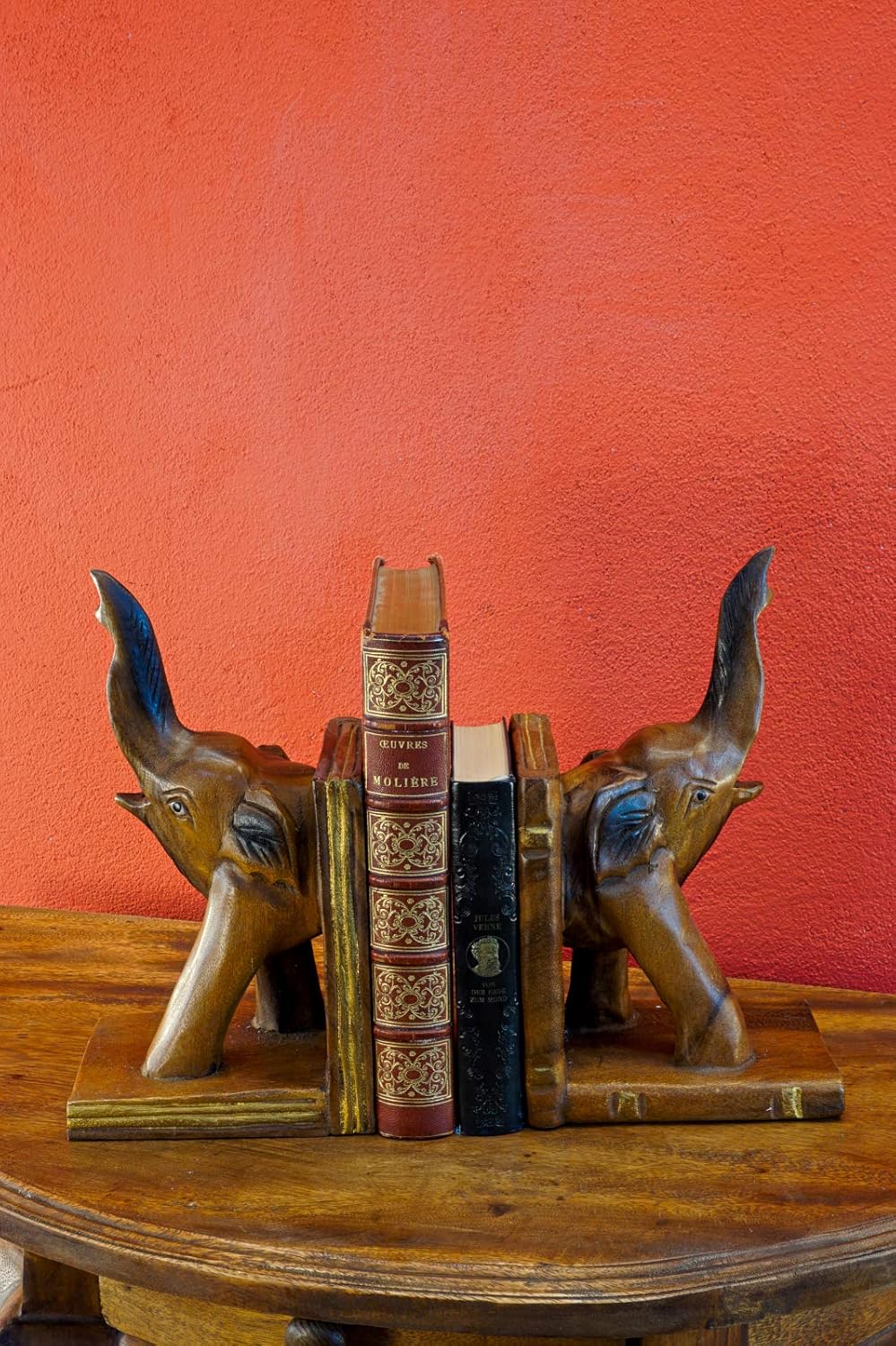 Buchstütze Elefant - Handgeschnitzte Bücherstützen aus massiven Akazien Holz - 30cm Dekoration (Brau